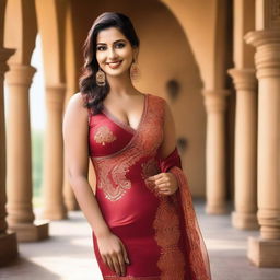 A confident Indian woman with a curvy figure, wearing a tight silk one-piece dress