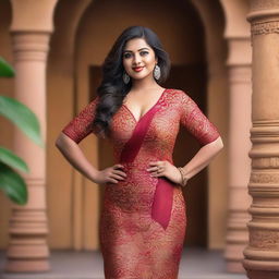 A confident Indian woman with a curvy figure, wearing a tight silk one-piece dress