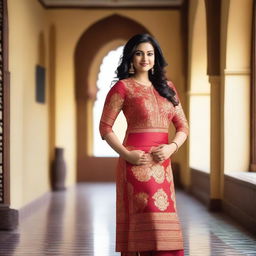 A confident Indian woman with a curvy figure, wearing a tight silk one-piece dress