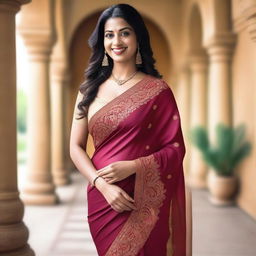 A confident Indian woman with a curvy figure, wearing a traditional saree that is form-fitting