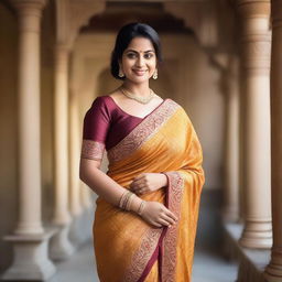 A confident Indian woman with a curvy figure, wearing a traditional saree that is form-fitting