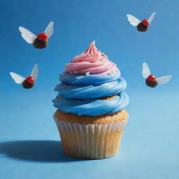 Illustrate a surreal image of beautifully decorated cupcakes with tiny wings, soaring and fluttering through a clear blue sky, casting charmingly unexpected shadows on the ground below.