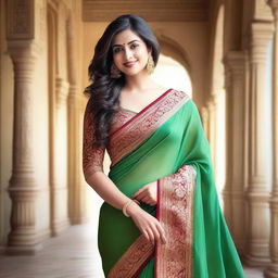 A confident Indian woman with a curvy figure, wearing a traditional saree that is form-fitting