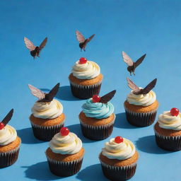 Illustrate a surreal image of beautifully decorated cupcakes with tiny wings, soaring and fluttering through a clear blue sky, casting charmingly unexpected shadows on the ground below.