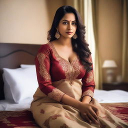 A confident Indian woman with a curvy figure, lying on a bed in a relaxed pose