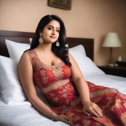 A confident Indian woman with a curvy figure, lying on a bed in a relaxed pose