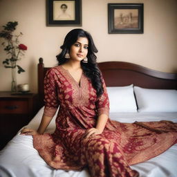 A confident Indian woman with a curvy figure, lying on a bed in a relaxed pose