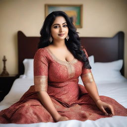 A confident Indian woman with a curvy figure, lying on a bed in a relaxed pose