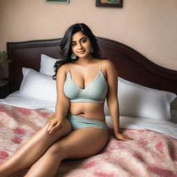 A confident Indian woman with a curvy figure, lying on a bed in a relaxed pose