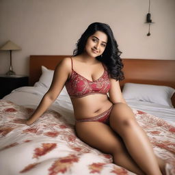 A confident Indian woman with a curvy figure, lying on a bed in a relaxed pose