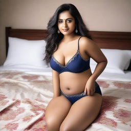 A confident Indian woman with a curvy figure, lying on a bed in a relaxed pose