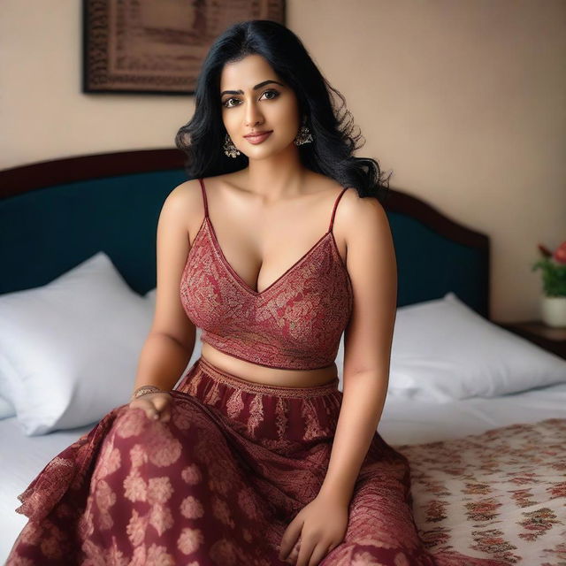 A confident Indian woman with a curvy figure, lying on a bed in a relaxed pose