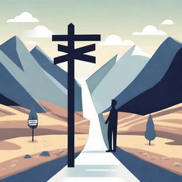 An image depicting a person standing at a crossroads, looking at a signpost with multiple arrows pointing in different directions