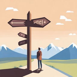 An image depicting a person standing at a crossroads, looking at a signpost with multiple arrows pointing in different directions