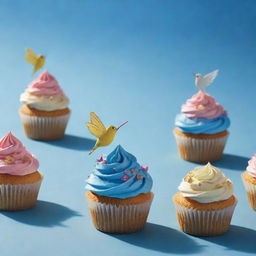 Illustrate a surreal image of beautifully decorated cupcakes with tiny wings, soaring and fluttering through a clear blue sky, casting charmingly unexpected shadows on the ground below.