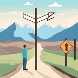 An image depicting a person standing at a crossroads, looking at a signpost with multiple arrows pointing in different directions