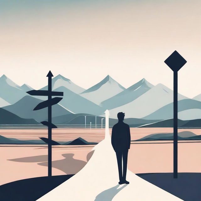 An image depicting a person standing at a crossroads, looking at a signpost with multiple arrows pointing in different directions