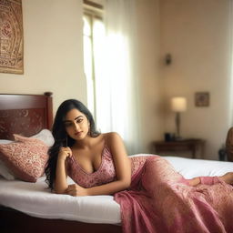 A confident Indian woman with a curvy figure, lying on a bed in a relaxed pose