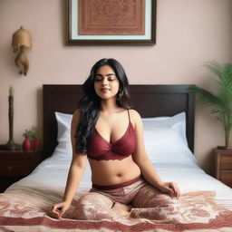 A confident Indian woman with a curvy figure, lying on a bed in a relaxed pose