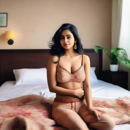 A confident Indian woman with a curvy figure, lying on a bed in a relaxed pose