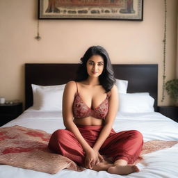 A confident Indian woman with a curvy figure, lying on a bed in a relaxed pose