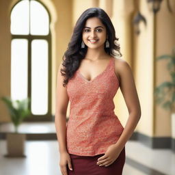 A confident Indian woman with a curvy figure, wearing a stylish camisole that is elegant and tasteful