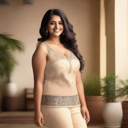 A confident Indian woman with a curvy figure, wearing a stylish camisole that is elegant and tasteful