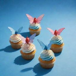 Illustrate a surreal image of beautifully decorated cupcakes with tiny wings, soaring and fluttering through a clear blue sky, casting charmingly unexpected shadows on the ground below.