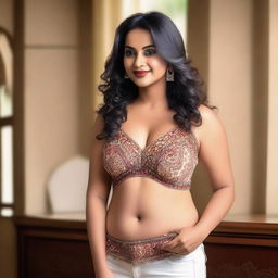 A confident Indian woman with a curvy figure, wearing a camisole that accentuates her 36D bust