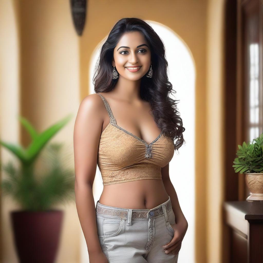 A confident Indian woman with a curvy figure, wearing a camisole that accentuates her 36D bust