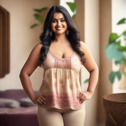 A confident Indian woman with a curvy figure, wearing a stylish camisole