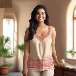 A confident Indian woman with a curvy figure, wearing a stylish camisole