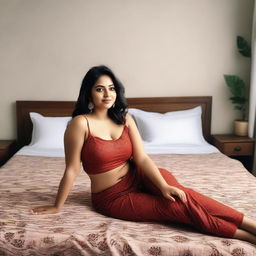 A confident Indian woman with a curvy figure, lying on a bed in a relaxed pose