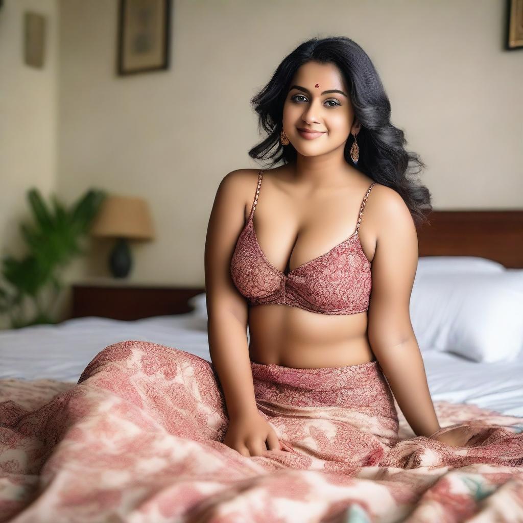 A confident Indian woman with a curvy figure, lying on a bed in a relaxed pose