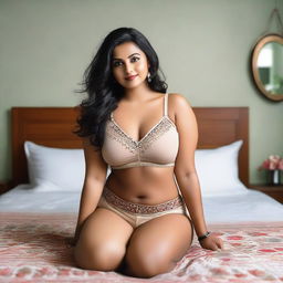 A confident Indian woman with a curvy figure, lying on a bed in a relaxed pose