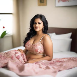 A confident Indian woman with a curvy figure, lying on a bed in a relaxed pose