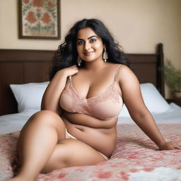 A confident Indian woman with a curvy figure, lying on a bed in a relaxed pose