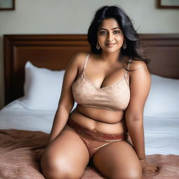 A confident Indian woman with a curvy figure, lying on a bed in a relaxed pose