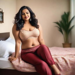 A confident Indian woman with a curvy figure, lying on a bed in a relaxed pose