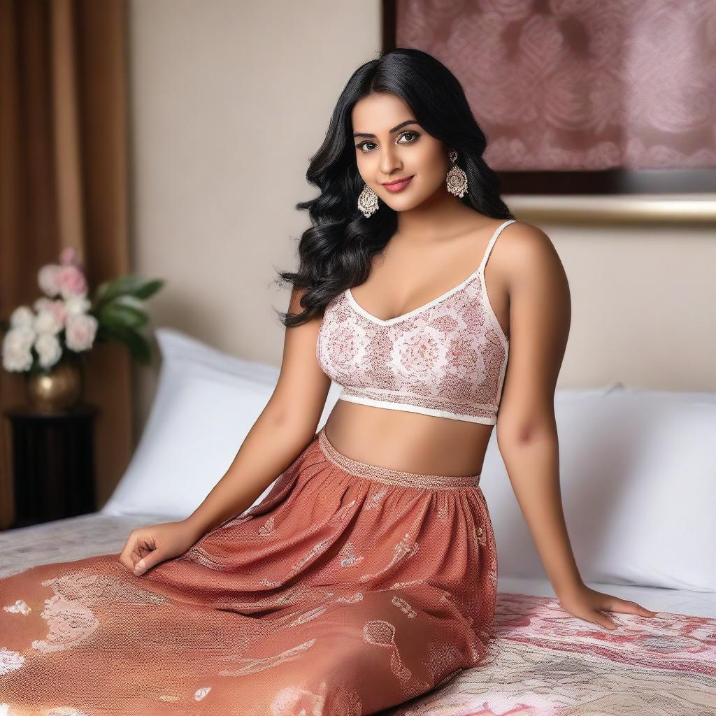 A confident Indian woman with a curvy figure, lying on a bed in a relaxed pose