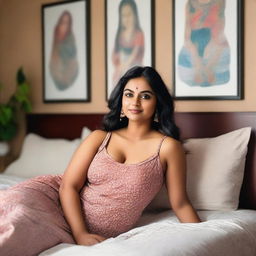 A confident Indian woman with a curvy figure, lying on a bed in a relaxed pose