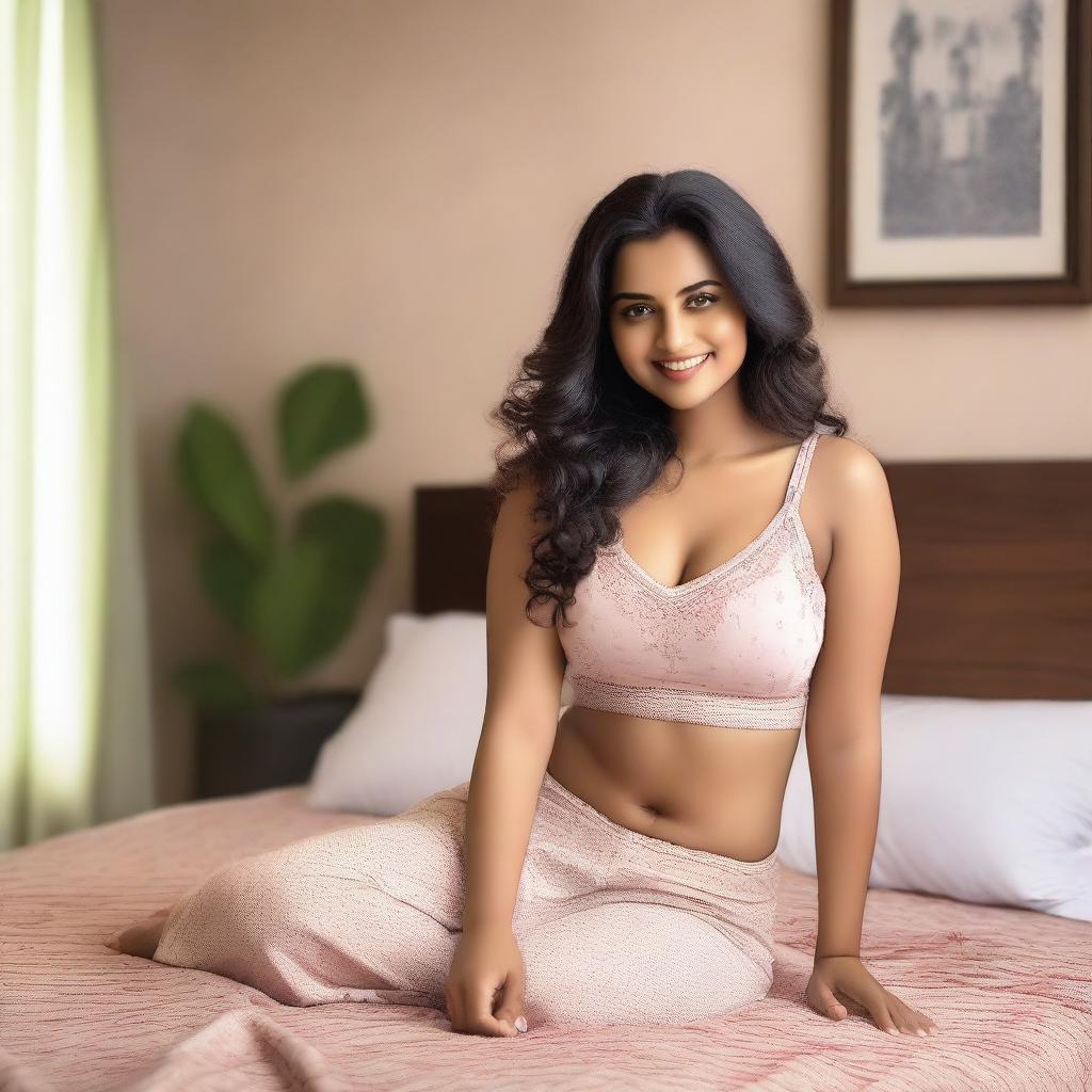 A confident Indian woman with a curvy figure, lying on a bed in a relaxed pose