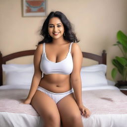 A confident Indian woman with a curvy figure, lying on a bed in a relaxed pose