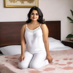 A confident Indian woman with a curvy figure, lying on a bed in a relaxed pose