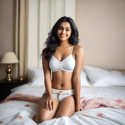 A confident Indian woman with a curvy figure, lying on a bed in a relaxed pose