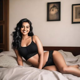 A confident Indian woman with a curvy figure, lying on a bed in a relaxed pose