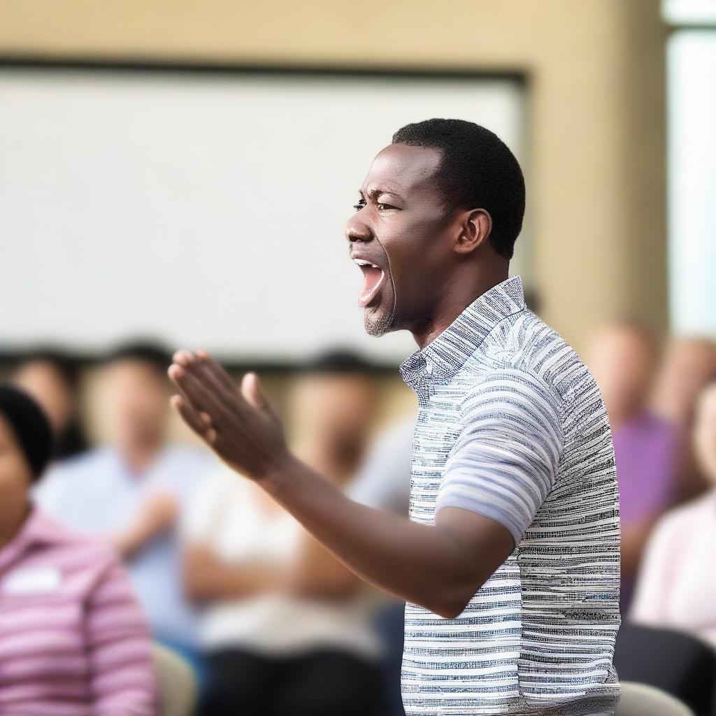 An image of a person passionately speaking to a group of people