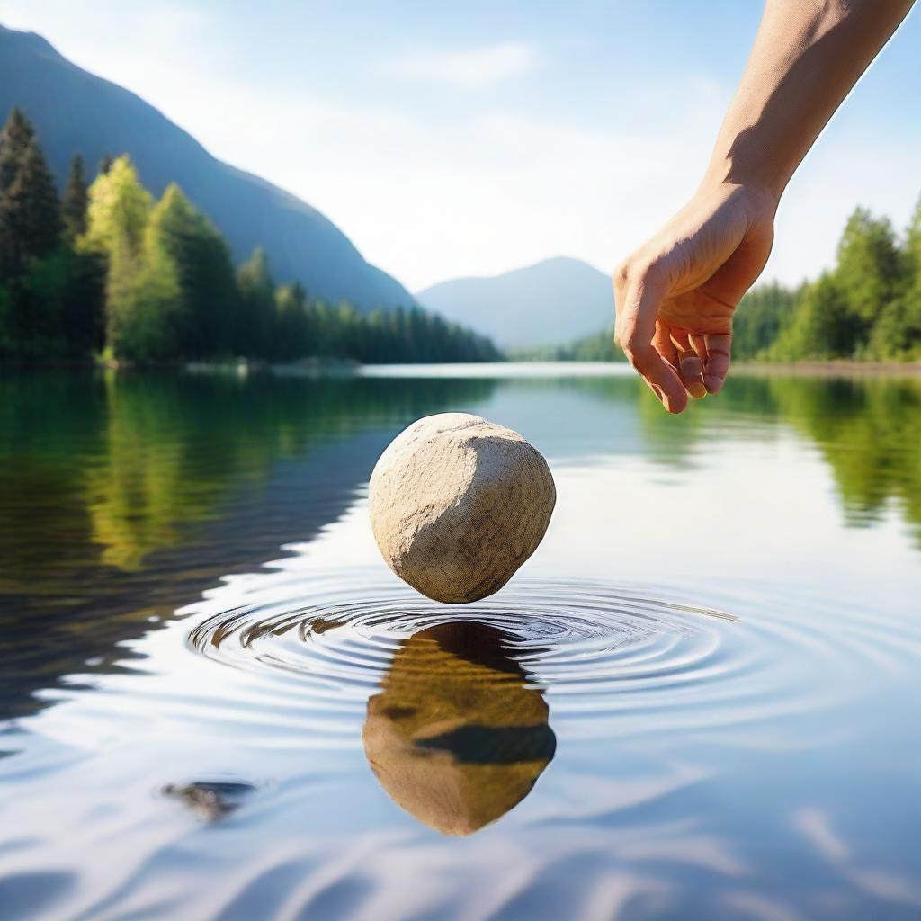 An image of a person tossing a stone into a calm lake