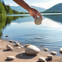 An image of a person tossing a stone into a calm lake