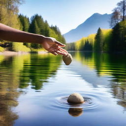 An image of a person tossing a stone into a calm lake